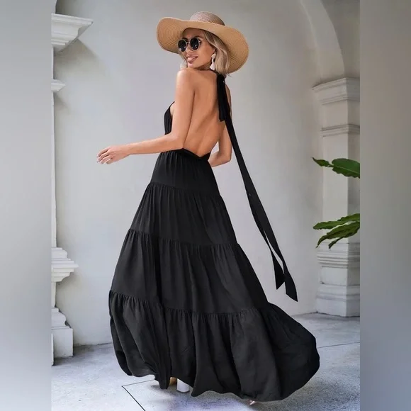 Solid Tie Backless Ruffle Hem Halter Dress - Picture 1 of 13